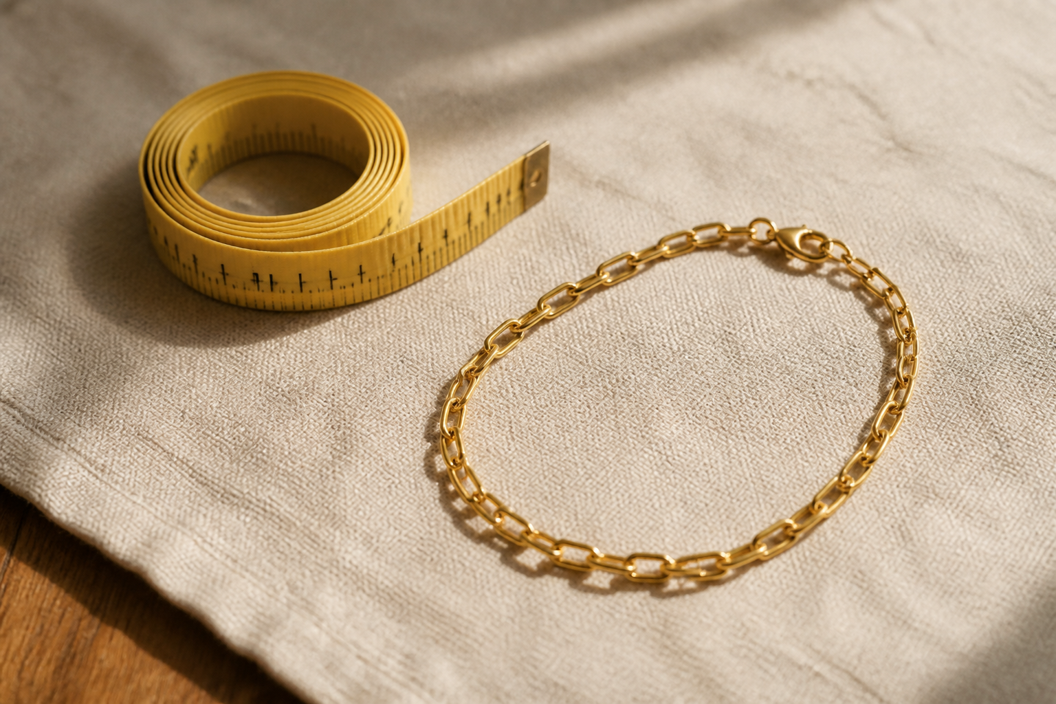 A cloth measuring tape coiled beside a gold chain