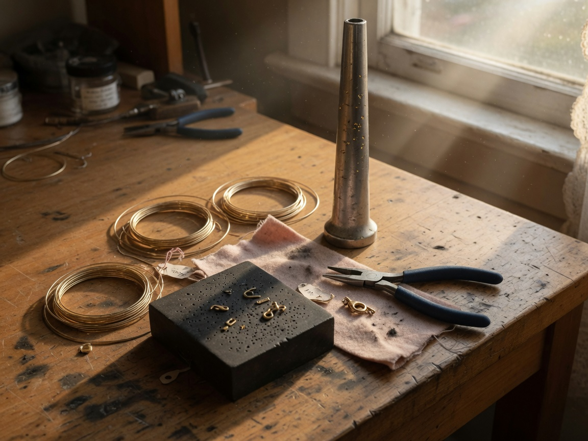 Gold bracelet wire coils, a steel forming mandrel, pliers, and clasps on a wooden bench in window light